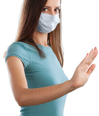 A woman wearing surgical mask refuse nurse injection or vaccination.