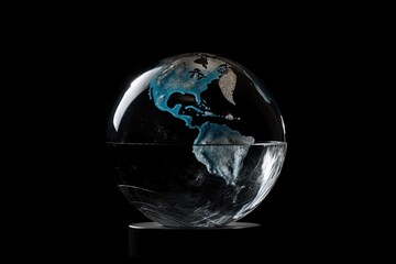 Glass ball illustration, planet earth, dark background. Generative AI