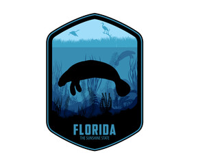 Florida vector label with Manatee and herons in swamp wetland sea coast