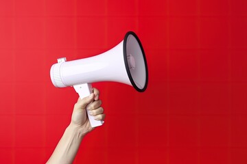 Illustration of hand holding megaphone, marketing and sales concept, red background. Generative AI