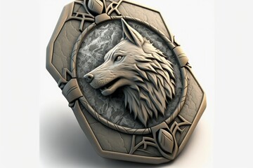 Illustration of mystical wolf emblem carved in stone, white background. Generative AI