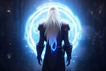 Fototapeta na wymiar Magician illustration with long white hair from the back, blue luminous energy, fantasy concept. Generative AI