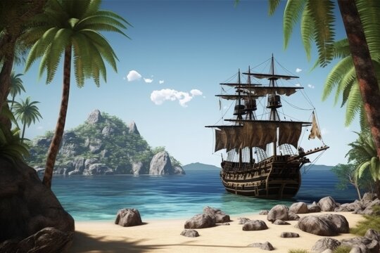 Landscape with pirate ship on an island, fanta concept. Generative AI
