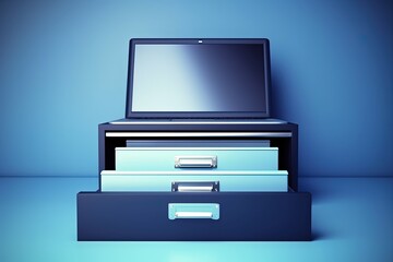 Laptop illustration over file drawer, dark blue background. Generative AI