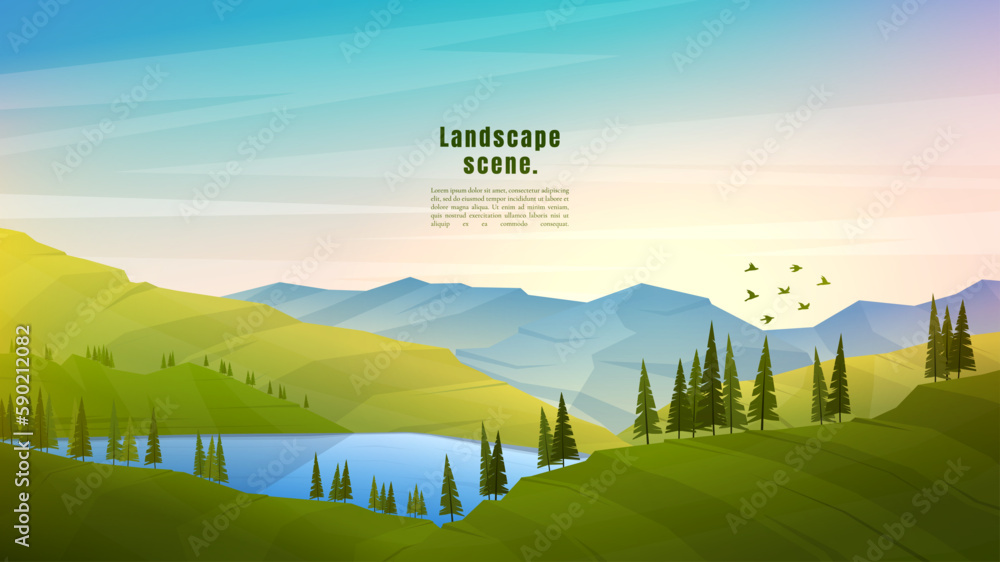 Poster vector illustration. flat polygonal design. nature landscape. panoramic view. design element for web