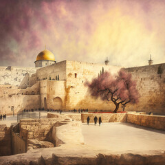 The Western Wall from Far at Daytime in Pastel Colors