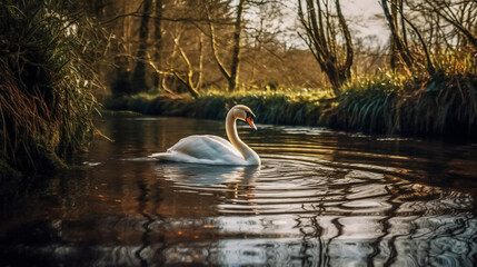 Graceful swan glides through the pond, generative AI