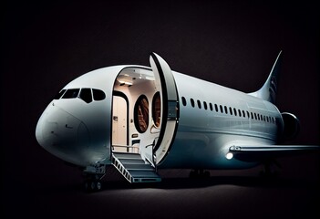 A transparent background image of a white executive airplane with an open gangway door for luxurious travel. Generative AI