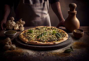 Fresh oregano sprinkled on homemade pizza by male chef. Generative AI - obrazy, fototapety, plakaty