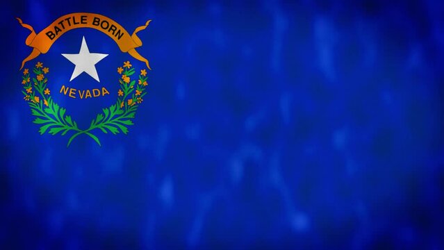 Nevada state flag waving. Blue background, white star, "Battle Born" ribbon, green branches with yellow sagebrush flowers. 3d render animation. Slow motion loop. Close-up. Textured fabric background