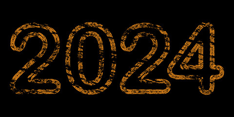 New Year 2024 grunge tire tracks form. Vector numbers with grungy texture. Distress design element for calendar, flyers, templates, social media, gift, invitation and greeting card