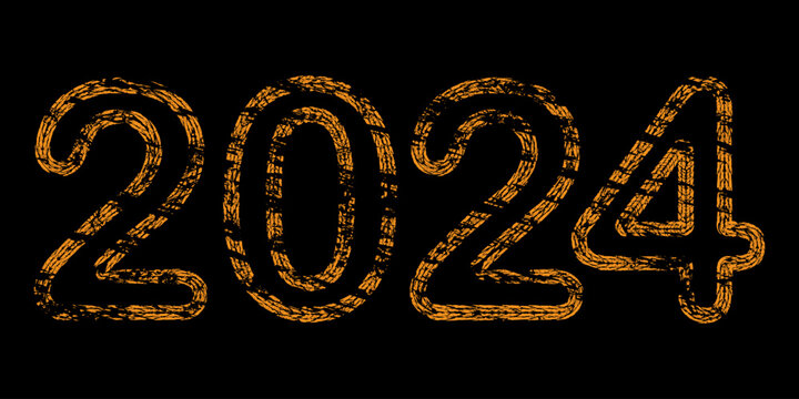 New Year 2024 grunge tire tracks form. Vector numbers with grungy texture. Distress design element for calendar, flyers, templates, social media, gift, invitation and greeting card