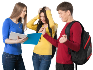 Group of young students showing different emotions - one is serious, one is stressed and one is happy