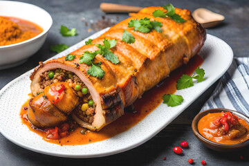 Lechona, a dish of pork wrapped in red sauce with green beans and peas. colombian food created with generative ai technology