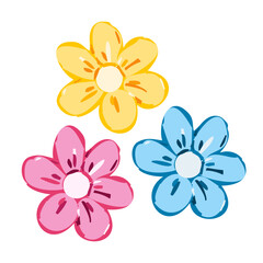 Fototapeta na wymiar Set of colorful hand drawn summer flowers. Cute yellow, blue and pink decorative botanical elements. Flat vector illustration.