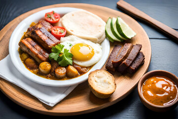 Colombian food Bandeja Paisa - a hearty dish with rice, beans, beef, chicharron (pork belly), plantain, avocado, and a fried egg. created with generative ai technology