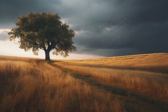 landscape of a lone tree in a field against the backdrop of storm clouds. AI