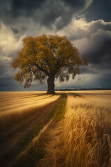 Naklejka na ściany i meble landscape of a lone tree in a field against the backdrop of storm clouds. AI