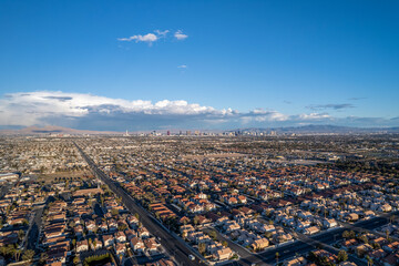 Districts of Las Vegas from drone during sunny day. Aerial view of fabulous Las Vegas, neighborhoods on the outskirts city.