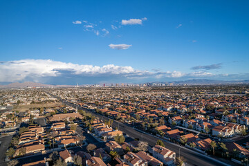 Districts of Las Vegas from drone during sunny day. Aerial view of fabulous Las Vegas,...