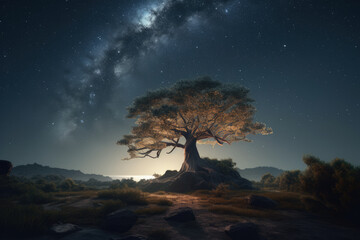 Fototapeta na wymiar landscape of a lone tree against the backdrop of a starry sky. AI