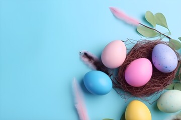 Fototapeta na wymiar Pastel Easter Egg Background, Top view