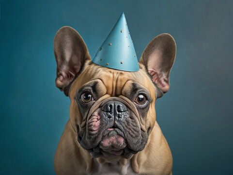 Ai generated image of a french bulldog wearing a birthday hat
