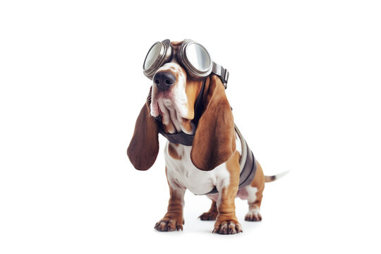 Generative AI image of a basset hound weaing goggles