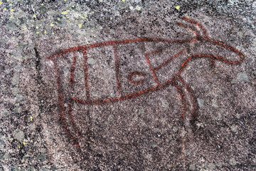 Steinzeitliche Felszeichnungen am Fluß Dokka, Norwegen