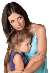 Portrait of Worried , Scared Mother and Young Daughter