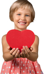 Little girl holding red heart isolated on white background