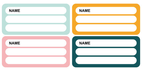 4 Set of identity labels in flat style. Vector Illustration. Cute sticker templates, character name tags, book name labels in subdued colors, labels marking the ownership of an item.