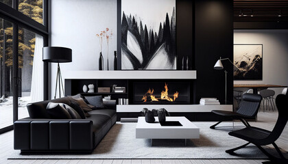 sleek and stylish luxurious living room with a black and white theme, modern furniture, and a fireplace, 3D rendered AI Generative