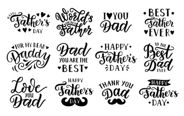 Happy Father's day, World's best dad, Thank you, Love you, For my dear daddy handdrawn lettering quotes. Handwritten decorative phrases. EPS 10 isolated vector illustration for prints, cutting designs