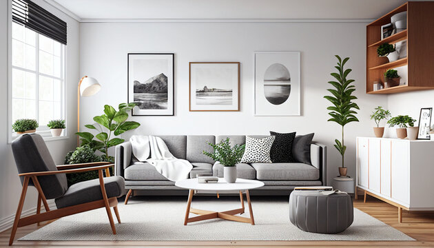 Elegant and comfortable Modern Livingroom with a neutral color palette, Paintings, interior design, sofa, wood furniture, 3D Rendered, AI Generative 