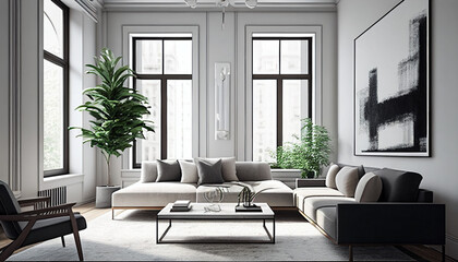 Fototapeta na wymiar Elegant and comfortable Modern Livingroom with a neutral color palette, Paintings, interior design, sofa, wood furniture, 3D Rendered, AI Generative 