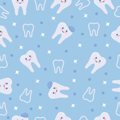 Tooth cute kawaii seamless pattern for kids or pediatric dentist supplies. Pastel blue and white molars vector stock repeat pattern for poster background.