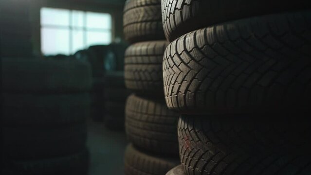 stack of car wheel tires at modern warehouse or retail automotive shop