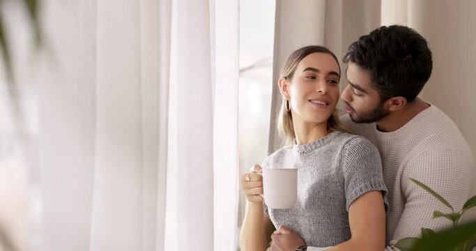 Relax, morning and couple hug with coffee in apartment for bonding, quality time and loving embrace. Interracial relationship, love and man and woman by window in conversation, talking and hugging