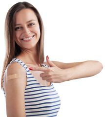 Happy Women Feels Good And Shows Bandage On Arm After Received Covid-19 Vaccine.