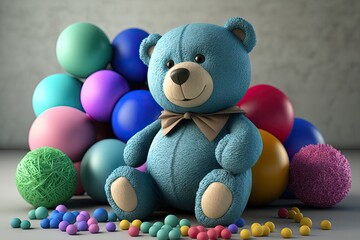 blue teddy bear on the colorful balloon background