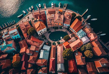 Aerial view of colorful architecture and channels in the town of Grado, in Friuli-Venezia Giulia. Generative AI - obrazy, fototapety, plakaty