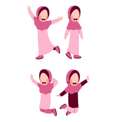 Set Of Happy Hijab Girl Character