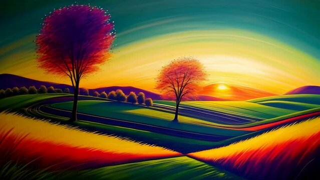 Abstract spring landscape, green grass fields at sunset - generative ai