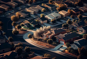 Aerial view of suburban neighborhood in Moreno Valley, CA, USA. Generative AI