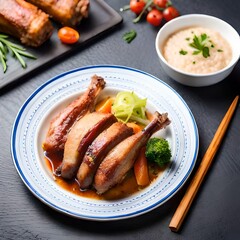 Roast duck meat served on a plate with delicious spices and vegetables, great for business, company, blog, website, restaurant, cafe, etc. From generative Ai concept