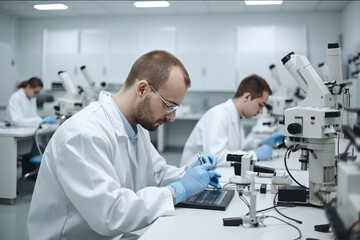 Fototapeta premium scientist looking at a microscope in a laboratory