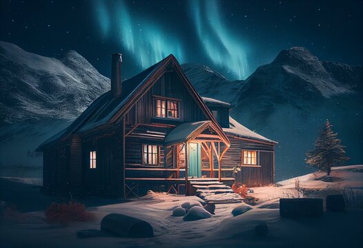 A picturesque winter scene of a wooden house with a glowing window nestled among snow-capped mountains and illuminated by the northern lights. Perfect for holiday and vacation imagery. Generative AI