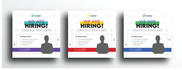 Clean and simple hiring sqaure banner social media post design with blue yellow green color variation
