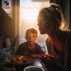Generative AI - Morning Mothers 042: Digital painting of real mom's morning struggles
